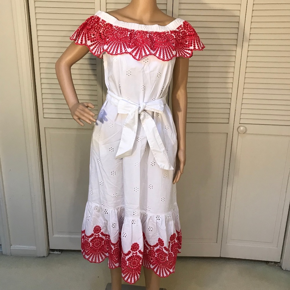Draper James Off-Shoulder White and Red Midi Sundress